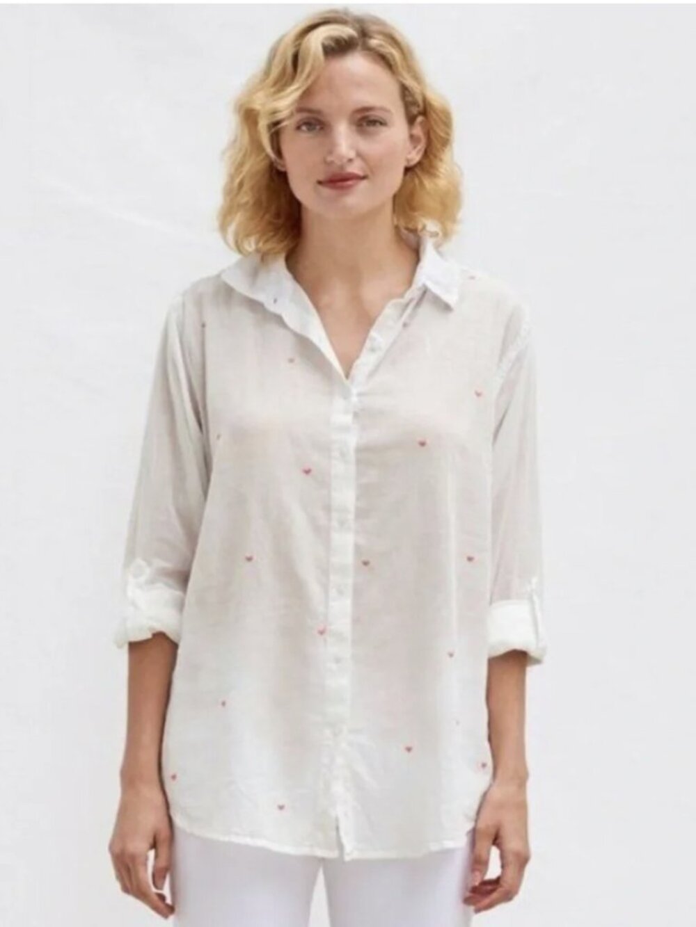 Sundry White button down w pink embroidered hearts, Size S